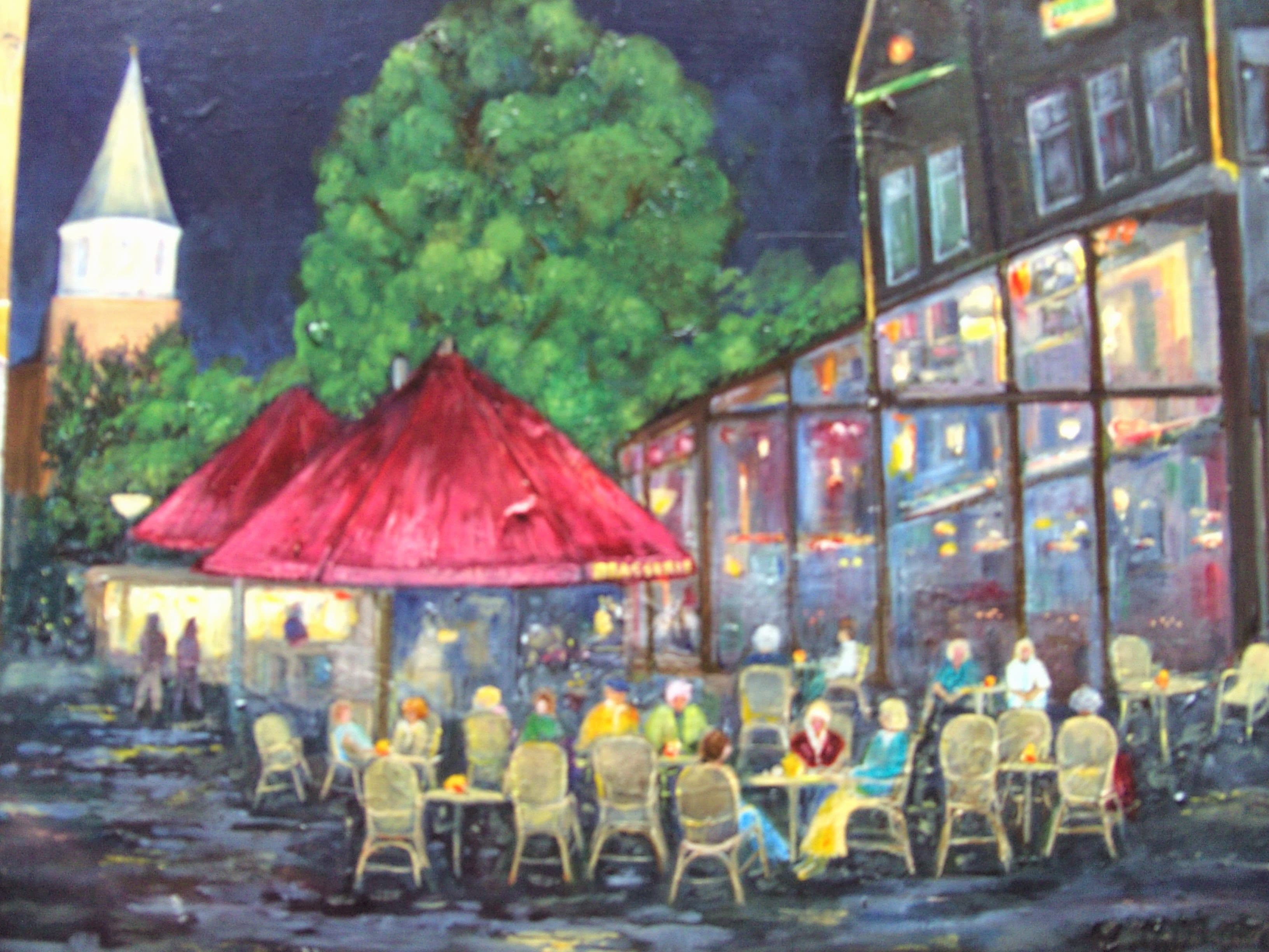 Aquarel door Aaltje — Avondterras met rode parasols