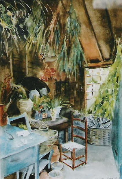 Aquarel door Aaltje — Binnenplaats met kruiden en tafel
