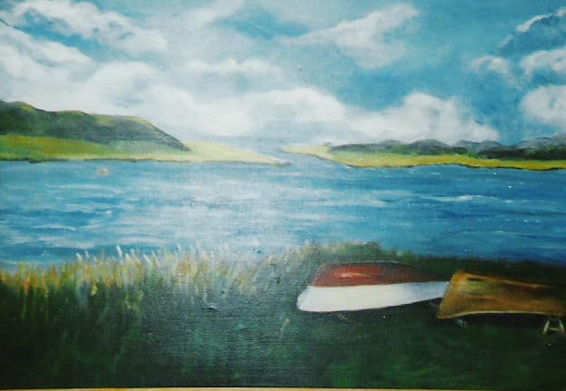 Aquarel door Aaltje — Oever met twee bootjes