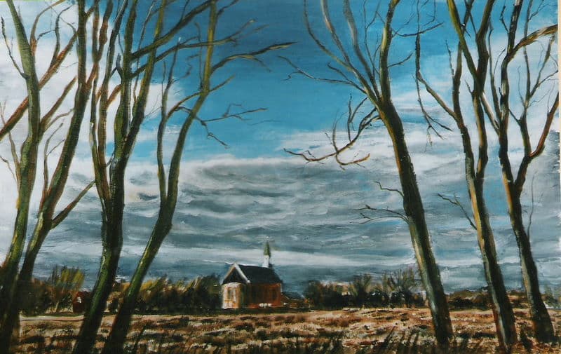 Aquarel door Aaltje — Dorpskerk tussen bomen