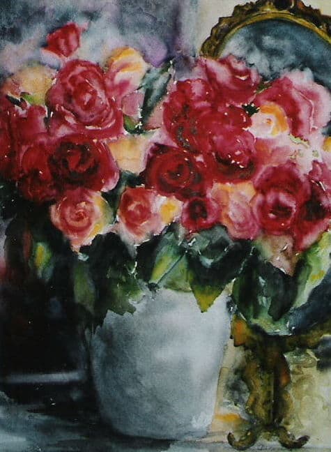 Aquarel door Aaltje — Rode rozen in vaas