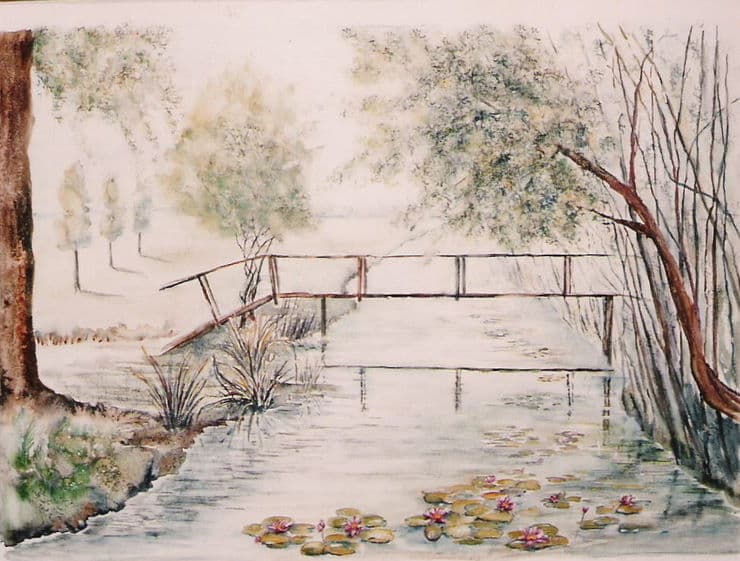 Aquarel door Aaltje — Brug over stille vijver