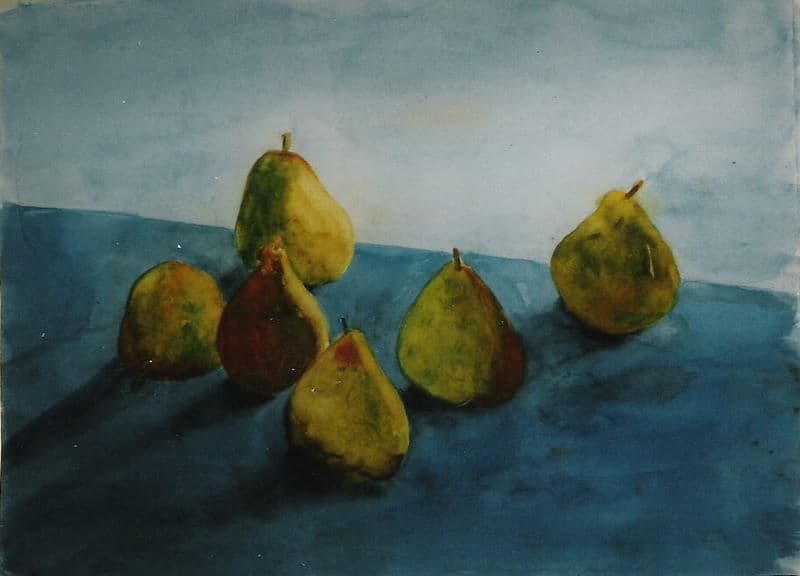 Aquarel door Aaltje — Peren op blauw kleed