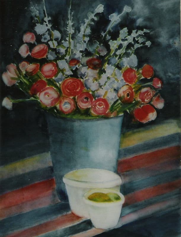 Aquarel door Aaltje — Roze bloemen in emmer