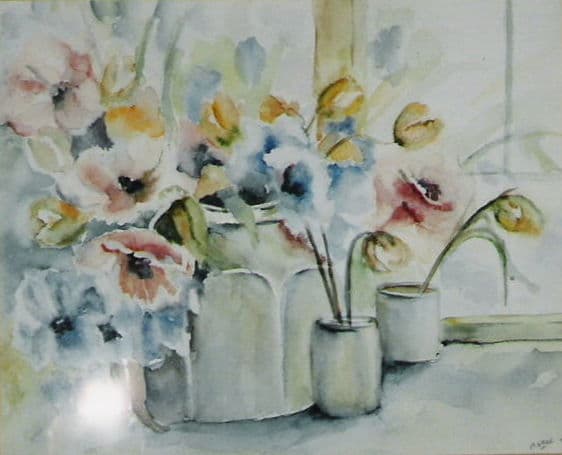 Aquarel door Aaltje — Pastelbloemen bij venster