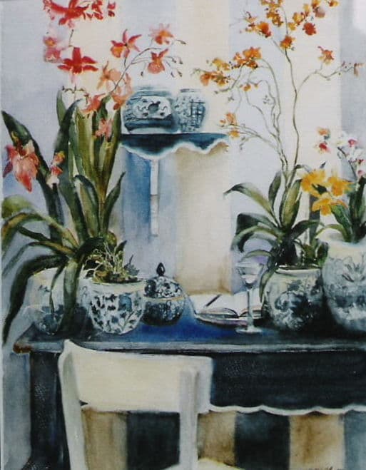 Aquarel door Aaltje — Orchideeën op gedekte tafel