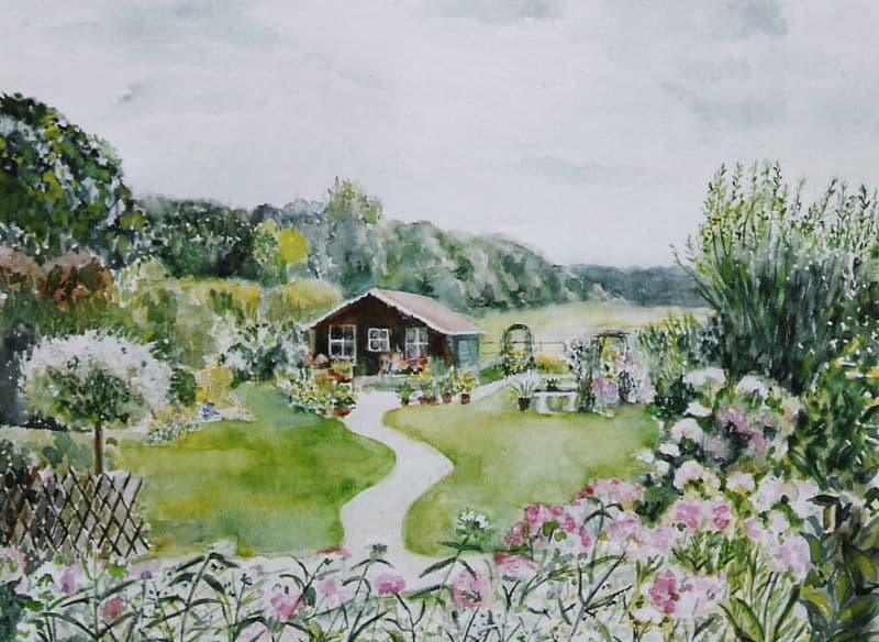 Aquarel door Aaltje — Tuinpad naar huisje