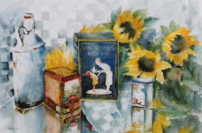 Aquarel door Aaltje — Koffieblikken met zonnebloemen