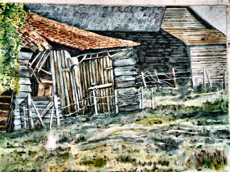 Watercolor by Alie — Old Wooden Barn with Barbed Wire